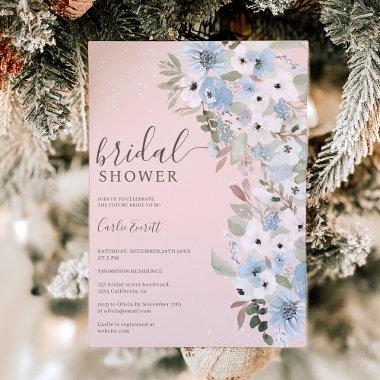 Winter dusty blue floral snow pink bridal shower Invitations
