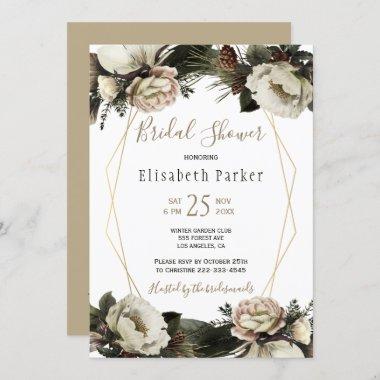 Winter elegant floral gold geometric bridal shower Invitations