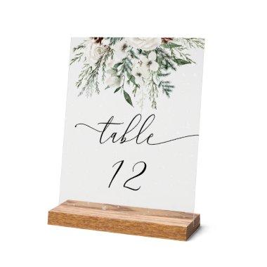 Winter evergreen wedding table number acrylic sign