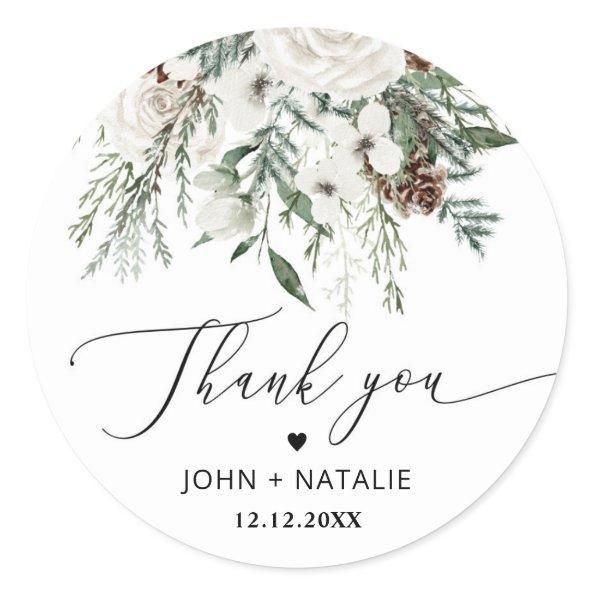 Winter festive foliage evergeen wedding classic round sticker