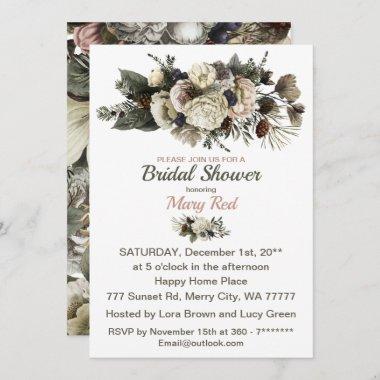 Winter Floral Cream Peony Conifer Bridal Shower Invitations