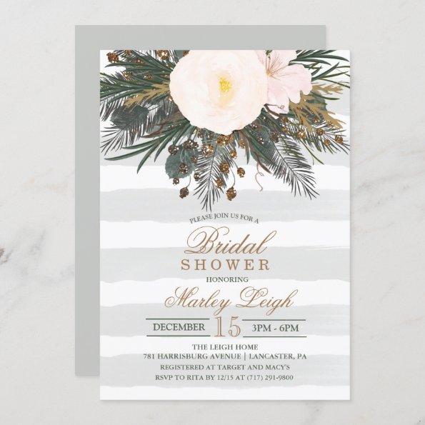 Winter Floral Glitter Bridal Shower Invitations