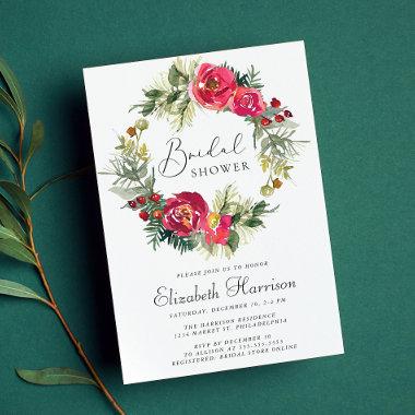 Winter Floral Greenery Watercolor Bridal Shower Invitations