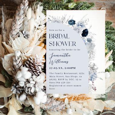 Winter Floral Navy Blue Wildflower Boho Bridal Invitations