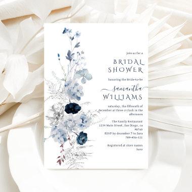 Winter Floral Navy Blue Wildflower Bridal Invitations