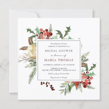 Winter Florals and Evergreen Bridal Shower Invitations