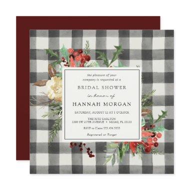 Winter Florals and Evergreen Plaid Bridal Shower Invitations