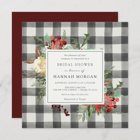Winter Florals and Evergreen Plaid Bridal Shower Invitations