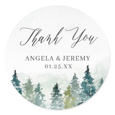 Winter Forest Pine Trees Chic Wedding Thank You Classic Round Sticker