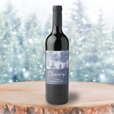 Winter Forest Watercolor Navy Blue Bridal Shower Wine Label