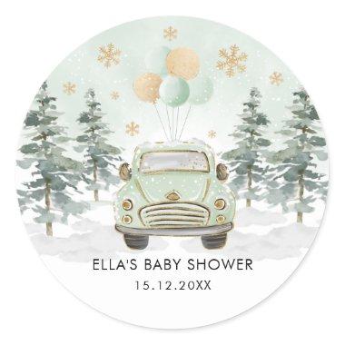 Winter Greenery Gold Drive By Baby Shower Parade Classic Round Sticker