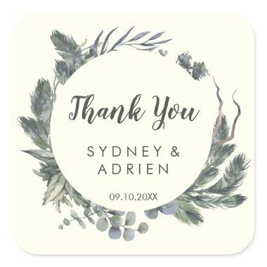Winter Greenery | Ivory Wedding Thank You Favor Square Sticker