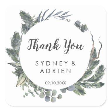 Winter Greenery Wedding Thank You Favor Square Sticker