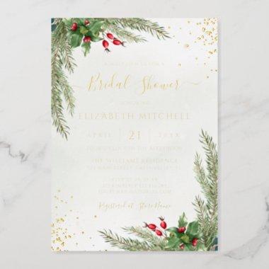 Winter Holiday Botanical Greenery Bridal Shower Foil Invitations
