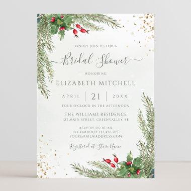 Winter Holiday Botanical Greenery Bridal Shower Invitations