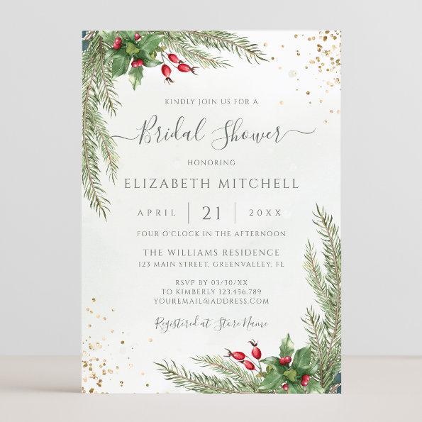 Winter Holiday Botanical Greenery Bridal Shower Invitations