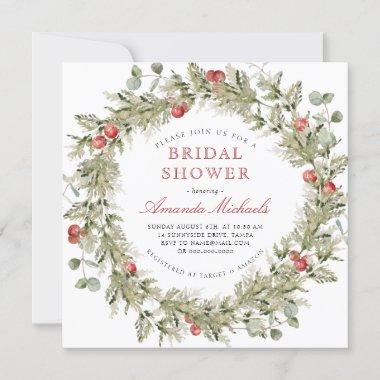 Winter Holiday Greenery Pine Bridal Shower Invitations