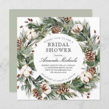 Winter Holiday Greenery Pine Cotton Bridal Shower Invitations