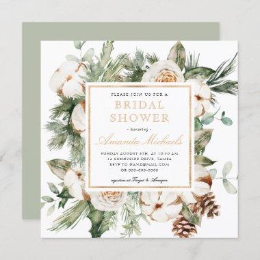 Winter Holiday Greenery Pine Gold Bridal Shower Invitations