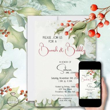 Winter Holly and Berries Brunch and Bubbly Invitations