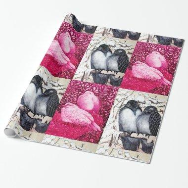 WINTER LOVE BIRDS AND WHITE DOVES IN PINK FUCHSIA WRAPPING PAPER