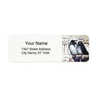 WINTER LOVE BIRDS IN SNOW Black and White Drawing Label