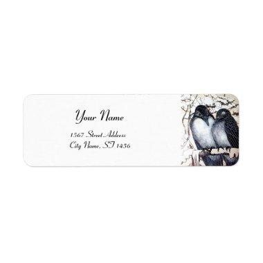 WINTER LOVE BIRDS IN SNOW Black and White Drawing Label