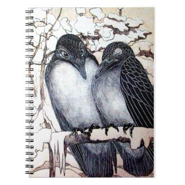WINTER LOVE BIRDS IN SNOW Black and White Drawing Notebook