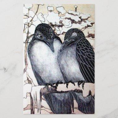 WINTER LOVE BIRDS IN SNOW Black and White Drawing Stationery