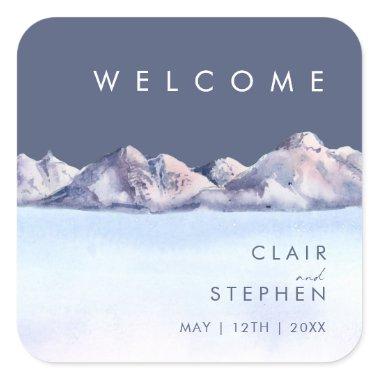 Winter Mountain Evening Wedding Welcome Square Sticker