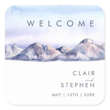 Winter Mountain Sunset Wedding Welcome Square Sticker