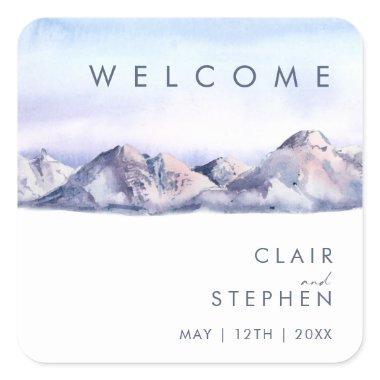 Winter Mountain Sunset Wedding Welcome Square Sticker
