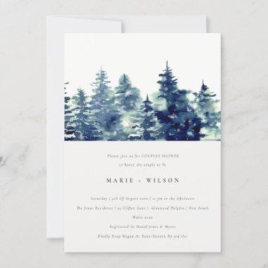 Winter Pine Forest Snow Watercolor Couples Shower Invitations