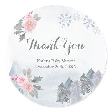 Winter Pink Floral Baby Shower Thank You Sticker