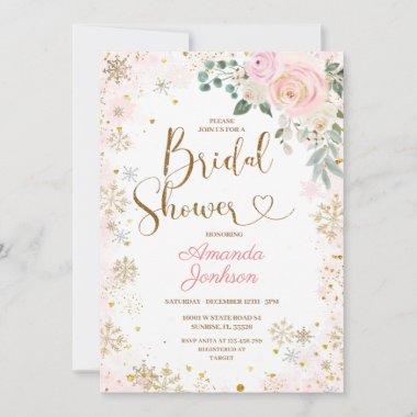 Winter Pink Snowflake Floral Bridal Shower Invitations