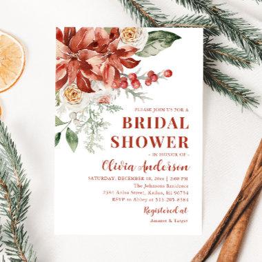 Winter Red Floral Christmas Bridal Shower Invitations