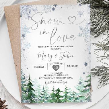Winter Snow in Love Silver Snowflake Bridal Shower Invitations