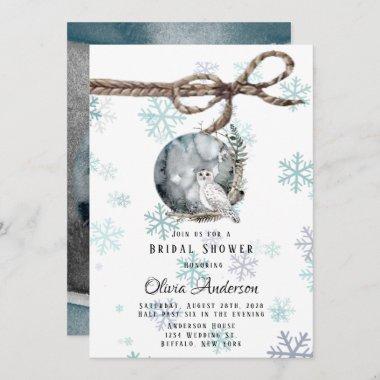 Winter Snow Owl Moon Watercolor Bridal Shower Invitations