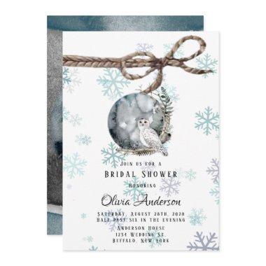 Winter Snow Owl Moon Watercolor Bridal Shower Invitations