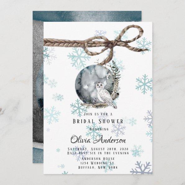 Winter Snow Owl Moon Watercolor Bridal Shower Invitations