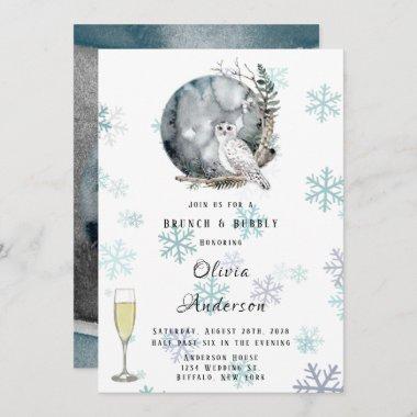 Winter Snow Owl Watercolor Brunch & Bubbly Invitations