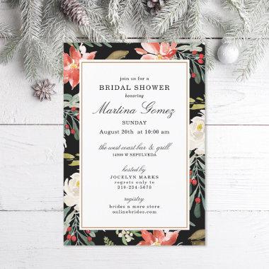 Winter Watercolor Floral Black Bridal Shower Invitations
