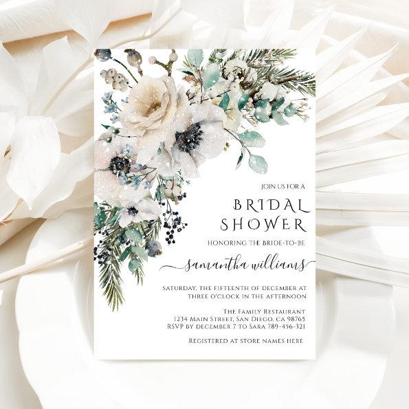 Winter Watercolor Floral Modern Bridal Shower Invitations