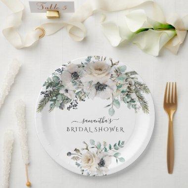 Winter Watercolor Floral Modern Bridal Shower Paper Plates