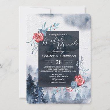 Winter Watercolor Forest & Flowers Navy Blue & Red Invitations