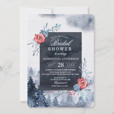 Winter Watercolor Forest & Flowers Navy Blue & Red Invitations