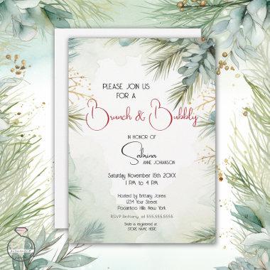 Winter Watercolor Greenery Brunch and Bubbly Invitations