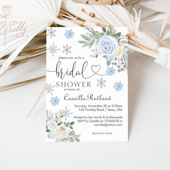 Winter White Floral Snowflake Bridal Shower Invitations
