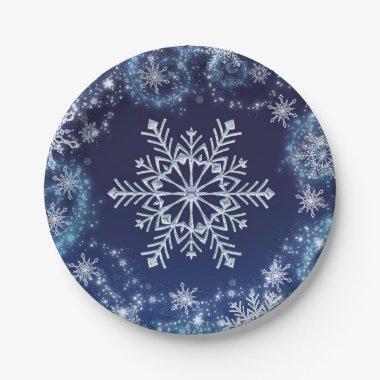 Winter Wonderland Blue & White Sparkle Snowflakes Paper Plates
