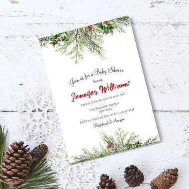 Winter Wonderland Greener Wreath Pine Baby Shower Invitations